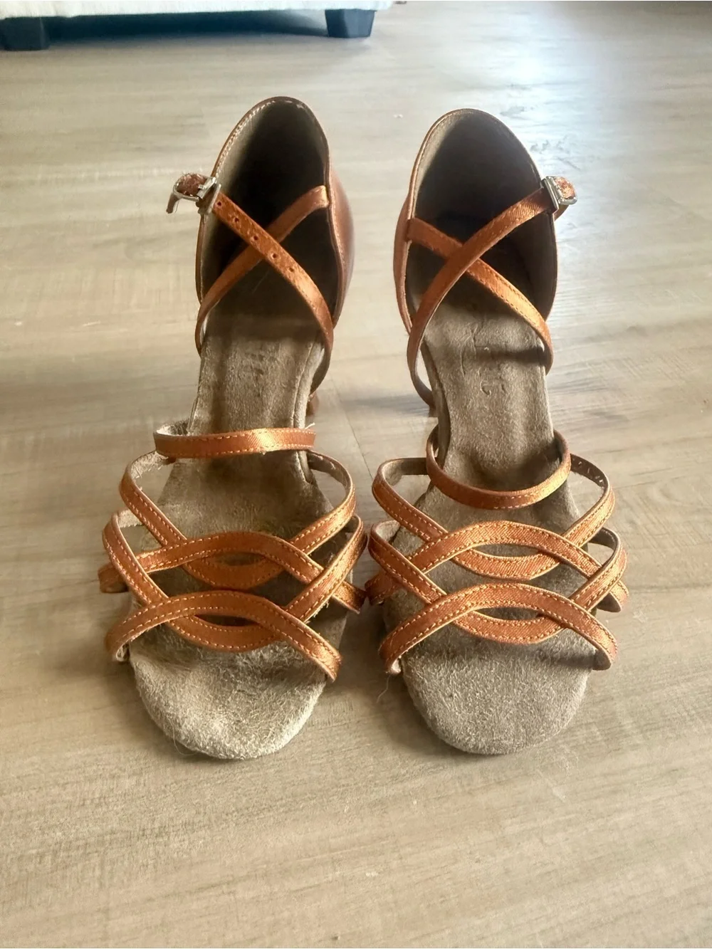 Strappy Metallic Copper Latin Dance Heels with Ankle Strap
